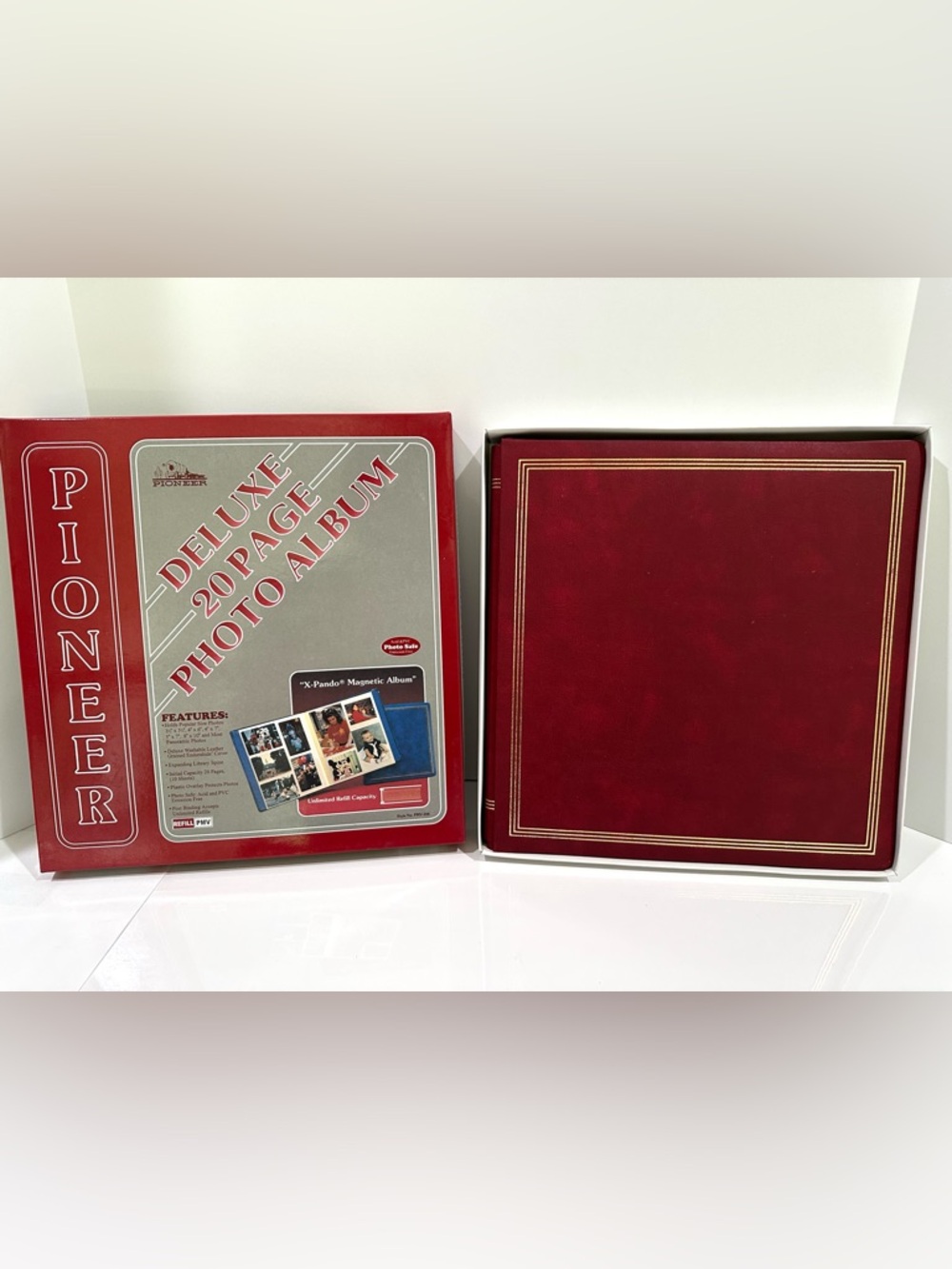 New Box Vntg Pioneer Magnetic Leather Photo Picture Album 20 pages Burgundy Red